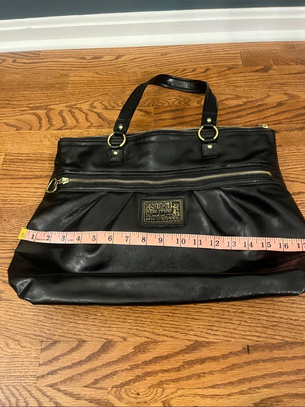 Coach Poppy Daisy Black Patent Leather Large Tote Shoulder Bag Purse F20004 COA